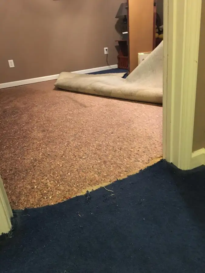 Carpet pad removal revealing water damage during Water Mitigation Services in Geddes